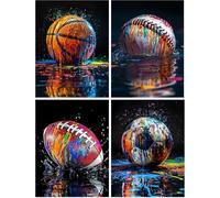 4 Pack Diamond Art Kits Adults, 5D Football Basketball Baseball Rugby Diamond Painting Kit for Adults, Graffiti Sports Fun DIY Full Round Drill Crystal Gem Art Craft, Home Wall Decor 12x16 Inch