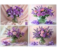 4 Pack Diamond Art Kits for Adults, 5D DIY Purple Flowers Diamond Painting Kits for Adults, Full Drill Diamonds Crystal Art Embroidery Cross Stitch Crafts for Home Room Wall Decor Gifts 8x12 in b-1145