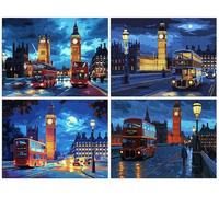 4 Pack Diamond Art Kits for Adults, 5D DIY Street Bus Diamond Painting Kits for Adults, Full Drill Diamonds Crystal Art Embroidery Cross Stitch Crafts for Home Room Wall Decor Gifts 32x44 Inch b-488