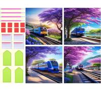 4 Pack Diamond Painting Kit Train Cherry Blossom Diamond Art Accessories Full Drill Kits, 5D Crystal Art Kits for Adults Rhinestone Embroidery Gem Painting by Number for Home Wall Decor 20x20cm T-3846