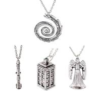 4 Pack Different Necklace Wibbly Wobbly Timey Wimey Pendant 11th Doctor Sonic Screwdriver Pewter Finish Pendant Necklace Inspired 3D Police Box Chain