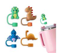 4 Pack Dinosaur Straw Cover Cap for Stanley Cup 30&40 Oz Tumblers, 0.4in/10mm Silicone Straw Topper Protector Lid with Cute Dinosaurs Kids Cup Accessories