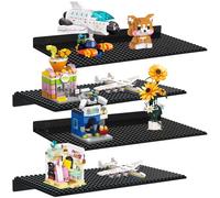 4 Pack Display Shelves for Building Bricks, Display Case Compatible with Brick Building Baseplate, Metal Floating Magnetic Display Cabinet Wall Mounted, Works with Major Building Blocks (Black│4-Pack)