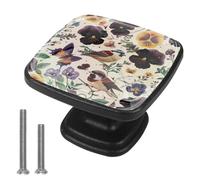 4 Pack Drawer Knobs Butterflies Birds Pansies, Black Square Knobs for Cabinets and Drawers Single Hole Kitchen Cabinets Hardware for Cupboard Wardrobe Closet Bathroom