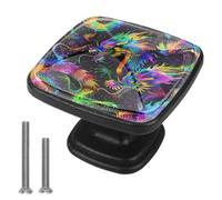 4 Pack Drawer Knobs Neon Dragon Pattern, Black Square Knobs for Cabinets and Drawers Single Hole Kitchen Cabinets Hardware for Cupboard Wardrobe Closet Bathroom