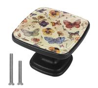 4 Pack Drawer Knobs Pansies Butterflies, Black Square Knobs for Cabinets and Drawers Single Hole Kitchen Cabinets Hardware for Cupboard Wardrobe Closet Bathroom