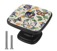 4 Pack Drawer Knobs Pansies Butterflies Pattern, Black Square Knobs for Cabinets and Drawers Single Hole Kitchen Cabinets Hardware for Cupboard Wardrobe Closet Bathroom