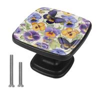 4 Pack Drawer Knobs Pansies Butterflies, Square Knobs for Cabinets and Drawers Single Hole Kitchen Cabinets Hardware for Cupboard Wardrobe Closet Bathroom
