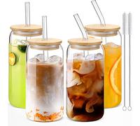 4 Pack Drinking Glasses with Bamboo Lids and Glass Straws,500ML Iced Coffee Glasses Cup,Clear Drinking Glass Cups for Cocktail, Beer, Coke, Soda, Wine Etc