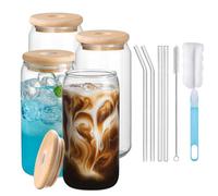 4 Pack Drinking Glasses with Bamboo Lids and Straws, 500ml Finew Glass Cups with Bamboo Lids and Straws,Reusable Can Shaped Glass Cups Set,for Smoothies, Beer, Cola, Juice, Soda (4)