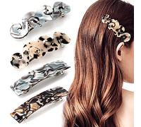 4 Pack Elegant French Rectangle Hair Barrettes - Swirl Clips, Snap Hairpins, Acrylic Tortoise Design Celluloid Ponytail Holders for Curly, Straight, Thick, and Medium Hair