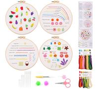 4 Pack Embroidery Kit for Beginners Adults, Easy Hand Embroidery Stitch Practice Kit with Pre-Printed Stitch & Fruit Patterns, DIY Embroidery Starter Kit Set with Hoops Threads Needles Instructions