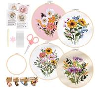 4 Pack Embroidery Kit for Beginners Adults with Stitch Video, Floral Cross Stitch Kit, Stamped Cross Stitch Kit, Complete Embroidery Starter Kit with Hoop Thread Needles Scissors DIY Craft Gift Set