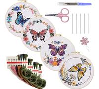 4-Pack Embroidery Kit for Beginners, DIY Hand Embroidery Starter Set with Pre-Stamped Patterns, Hoop, Threads, Needles & Tools, Holiday Craft Gift for Adults(Butterfly and Flower)(30 * 30cm)