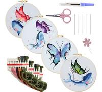 4-Pack Embroidery Kit for Beginners, DIY Hand Embroidery Starter Set with Pre-Stamped Patterns, Hoop, Threads, Needles & Tools, Holiday Craft Gift for Adults(Flower Butterfly and Whale)(30 * 30cm)