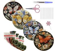 4-Pack Embroidery Kit for Beginners, DIY Hand Embroidery Starter Set with Pre-Stamped Patterns, Hoop, Threads, Needles & Tools, Holiday Craft Gift for Adults(Flower Butterfly)(25 * 25cm)