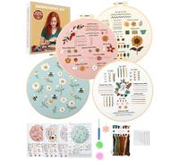 4 Pack Embroidery Kit for Beginners, Learn Stitches with Pre-Printed Patterns, Step-by-Step Guide & Video Tutorials, 7.8" Hoop, Threads & Needles, DIY Needlework Craft Set for Adults, Gift for Women