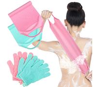 4 Pack Exfoliating Shower Bath Gloves Back Scrubber Set, 2 Exfoliating Body Scrubber Nylon Back Washer, 2 Pairs Scrub Gloves for Women Men Children Skin Pull Strap Washcloth (Pink, Light Blue, Green)