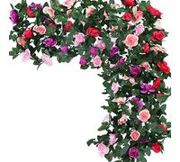 4 Pack Fake Rose Vine Garland 30.2ft Champagne Pink Rose Red Purple Rose Artificial Hanging Floral Garland Realistic Flowers String for Home Wedding Party Garden Craft Wall Decor, 16Pcs Each(Rose Red)