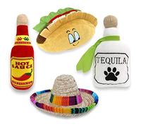 4 Pack Fiesta Dog Chew Toys and Sombrero - Mexican Squeak Plush Toys - Dog Gifts for Chihuahuas - Taco - Tequila - Hot Sauce