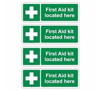 4-Pack "First Aid Kit Located Here" Self Adhesive Signs / 5x15cm Each (Pack of 4) / Landscape Orientation Removable & Wipeable/Indoor or Outdoor Stickers/Gloss Finish /