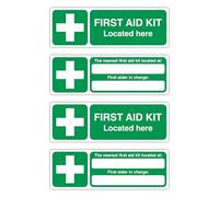 4 Pack First Aid Safety Signs 300x100mm - 2 x First Aid Kit Located Here & 2 x The Nearest First Aid Kit Located At/First Aider In Charge - Self Adhesive Polypropylene Labels & Stickers