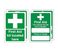 4-Pack First Aid Signs - 148x210mm - “First Aid Kit Located Here” & “The Nearest First Aid Box Is Situated” - Polypropylene Glossy-Laminated Waterproof Stickers & Labels - Signage for Workplace/Office