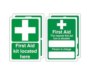 4-Pack First Aid Signs - 148x210mm - “First Aid Kit Located Here” & “The Nearest First Aid Box Is Situated” - Polypropylene Glossy-Laminated Waterproof Stickers & Labels - Signage for Workplace/Office