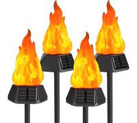 (4 Pack-Flame shape, Warm White) 4 Pack Solar Flickering Dancing Flame Lights Purple Waterproof Solar Torch Lights for Outdoor Garden Patio Pathway Yard Driveway Halloween Decorative
