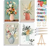 4 Pack Flower Paint by Numbers for Adults Beginners with Framed Canvas&Wooden Easel- Flower Painting by Numbers in Colorful Gift Box, Painting Kits for Adults for Gift Home Wall Decor(8 x 12 Inch)