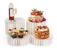 4 Pack Foldable Multi-Height Buffet Risers, White Cardboard Cylinder Stands with Acrylic Plates for Wedding Cakes, Dessert Tables, Charcuterie Displays