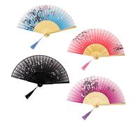 4 Pack Folding Fans, Handheld Silk Fabric Folding Hand Fans with Tassel Hollow Carved Handheld Folding Fan, Wooden Chinese/Japanese Hand Fans Folding Held Fans for Women Wedding Party Wall Decoration