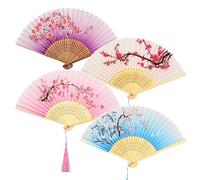 4 Pack Folding Fans, Handheld Silk Fabric Folding Hand Fans with Tassel Hollow Carved Handheld Folding Fan, Wooden Chinese/Japanese Hand Fans Folding Held Fans for Women Wedding Party Wall Decoration