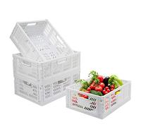 4-Pack Folding Storage Boxes Crate Collapsible Plastic Drawer Organizer , Stackable Shelf Storage Basket Food Fruit Vegetables Bottles Toy Organiser Baskets for Home Office Bedroom Kitchen -White