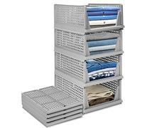 4-Pack Folding Wardrobe Storage Box Plastic Drawer Organizer Stackable Shelf Baskets Cloth Closet Container Bin Cube Home Office Bedroom Laundry Pull Out Drawer Dividers for Clothes,Toys Organization
