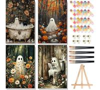4 Pack Framed Paint by Numbers Kit for Adults Beginners- Halloween Ghost Adult Paint by Number Kits on Canvas Framed, DIY Acrylic Halloween Oil Painting Kits for Adults for Gift Home Decor(8x12inch)