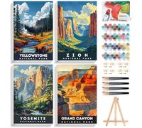 4 Pack Framed Paint by Numbers Kit for Adults with Wooden Easel, National Parks Easy Paint by Numbers with Frame for Beginners, Adult Paint by Number Kits Framed Canvas for Home Decor Gift 8x12 Inch