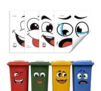 4 Pack Funny Face Wheelie Bin Stickers, Waterproof PVC Self Adhesive Trash Can Decals Removable No Residue Cartoon Expression Decor Stickers for Indoor Outdoor Bins Bucket Kitchen Bathroom Wall
