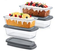 4 Pack Glass Bread Loaf Tins with Airtight Lids, Rectangular Baking Dishes | 2 L Clear Food Storage Containers for Homemade Bread, Microwave Oven Freezer Safe, BPA Free, 27 x 14 x 7 cm