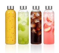 4 Pack Glass Juice Bottles with Lids 500ml, Reusable Clear Glass Water Bottles with Stainless Steel Airtight Cap Leak Proof for Refrigerator Homemade Beverage, Hot Cold Drinks, Milk, Smoothies