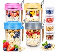 4 Pack Glass Overnight Oats Jars 450ml with Lids, Spoon Topping Compartment | Four colourful breakfast pots for oats, yoghurt and granola, with separate topping compartments and individual spoons.
