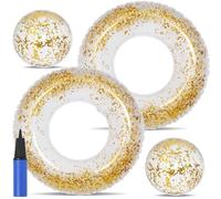 4 Pack Glitter Inflatable Pool Float Set 2 Pcs 31.5 Inch Golden Swim Ring 2 Pcs 11inch Glitter Beach Balls with Air Pump Summer Pool and Beach Toys Hawaiian Outdoor Party Supplies Glitter Pool Decor