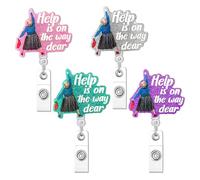4 Pack Glittering Retractable Badge Reels, Help is On The Way Caregiver-Inspired Funny Acrylic ID Badge Holder with Alligator Clip for Nurses Students Teachers Lawyer & Office Staff