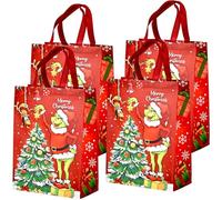 4 Pack Grinch Christmas Tote Bag, Extra Large Reusable Grocery with Handle, Present Bag, Shopping for Holiday Xmas Event Party Red