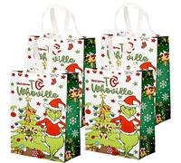 4 Pack Grinch Christmas Tote, Extra Large Reusable Grocery Bag with Handle, Present & Shopping Bag for Holiday Xmas Event Party - Red (Green)