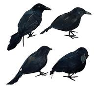 4 Pack Halloween Crows, Artificial Feathered Crows Realistic Raven Birds Decorations ,Animal Ornament Spooky Black Crow Bird for Halloween Party Prop Indoor Outdoor Home Garden Decoration (4Pack)