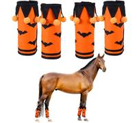 4 Pack Halloween Horse Leg Wraps, Felt Orange and Black Horse Leg Covers with Bat Pattern and Pom Poms, Adjustable Fastener, Comfortable Protection for Parade and Parties
