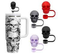 4 Pack Halloween Skull Topper Goth Straw Cover Cap for Stanley Cups Dust Proof Reusable Stanley Straw Toppers Drinking Straw Covers 30oz 40oz Tumbler Fit 10mm Straw Halloween Decoration