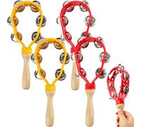 4 Pack Hand Held Tambourine with Double Row Metal Jingles for Adults Musical Percussion Instrument with Wooden Handle Wedding Party Gift KTV Church