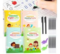 4 Pack Handwriting Practice Books, Reusable Copybook for Kids, Learn to Write Books for Drawing Math Number Alphabet, Handwriting Book with 2 Pens and 20 Pen Refills for Age 3 4 5
